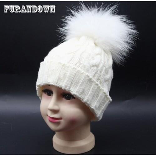 Kids Winter Hat Colored Real Fur Pompom Hat For Children Wool Knitted Baby Beanie Boys Girls Cap