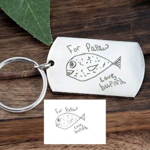 Rectangle Custom Childrens Drawing Silver Keychain Jewelry 925 Silver Childs Keyring Child Personalized Engrave Name Gifts