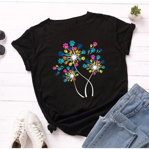 New Summer Plus Size Women T Shirt Cotton Short Sleeve Colorful Dandelion Print Female Casual Oversize T-shirt Top Tees