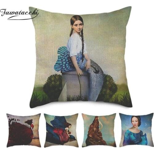 Fuwatacchi Beautiful Girl Cushion Cover Oil Painting Pillow Cover Moon Fairytale Flower Bird for Home Sofa Decorative PillowCase