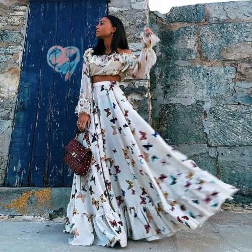 2 Piece Set Women Skirts Suits Plus Size Butterfly Print Long Sleeve Crop Top Bohemian Maxi Skirt Sets Casual Matching Suit Set
