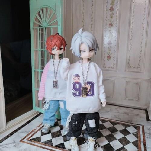 OB11 doll clothes are suitable for 1/12 size fashion new casual digital sweaters + patched personalized pants + necklace 3 piece