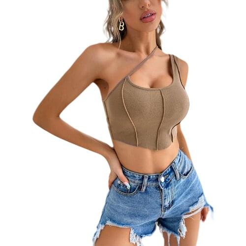 Sexy Womens One Shoulder Tank Tops Summer Casual Polyester Sleeveless Solid Color Cutout Irregular Hem Camisole