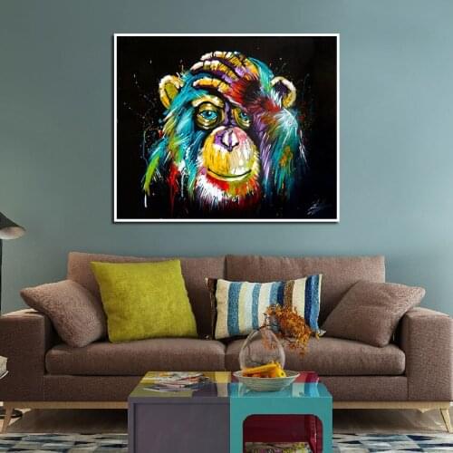 Wall Art Picture Colorful Abstract Doodle Monkey Black Background Hanging Canvas Painting Minimalist Posters for Bedroom Decor