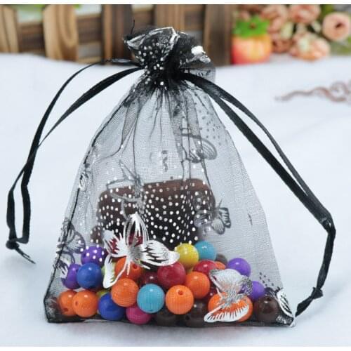 Wholesale 100pcs Black Organza Bags 9x12cm Small Drawstring Pouch Jewelry Gifts Packaging Bag Butterfly Print Organza Gift Bag