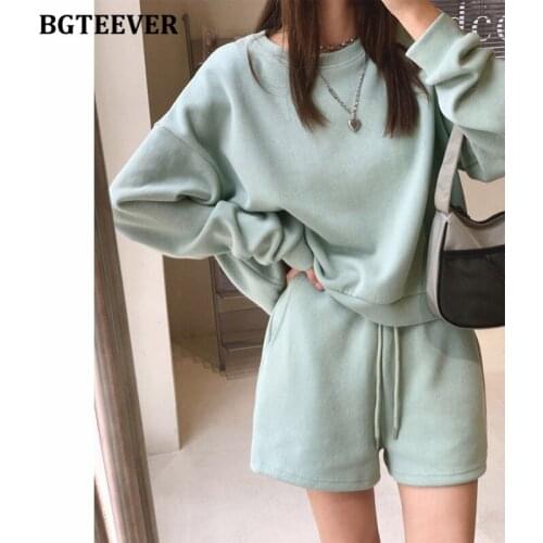 BGTEEVER Autumn Women Tracksuits O-neck Long Sleeve Sweatshirt & Drawstring Shorts Casual Ladies 2 Pieces Sweatshirt Set 2021