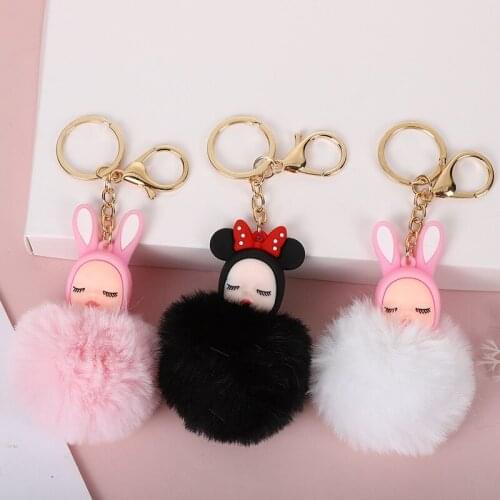 Pompom Sleeping Baby Keychain Cute Fluffy Plush Doll Keychains Women Girl Bags Keyrings Cars Key Ring Gift Charming Decoration