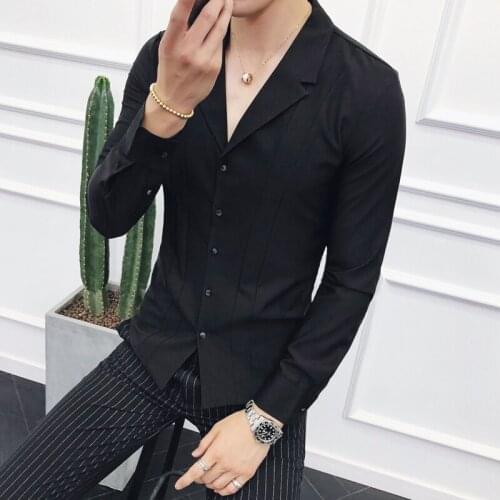 2021 Solid Color Men Shirts Autumn Long Sleeve Suit Collar Casual Street Social Shirt Night Club Party Slim Shirts Male Clothing