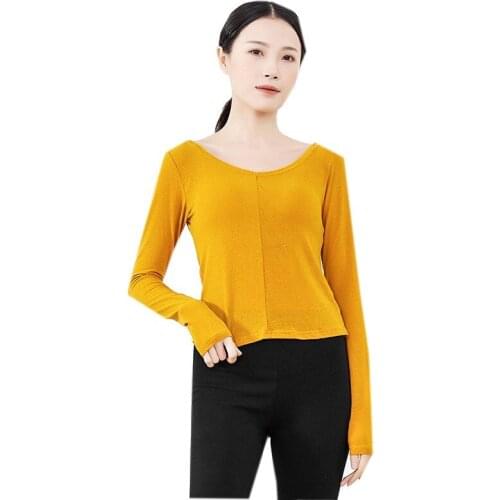 Women Yoga Dance Shirt Long Sleeve Modern Dance Top Round Neck Stretch Basic Wear Black 2021 Spring