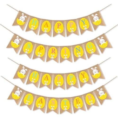 Happy Easter Burlap Banner Eggs Rabbit Print Bunting Pull Flag Garlands Photo Prop Vintage Holiday Party DIY Decoration