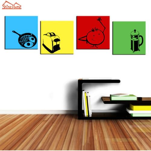 ShineHome-4pcs Wall Art Canvas Prints Modular Painting Cartoon Cafe Bakery Picture for Kitchen Kids Living Room Home Decoration