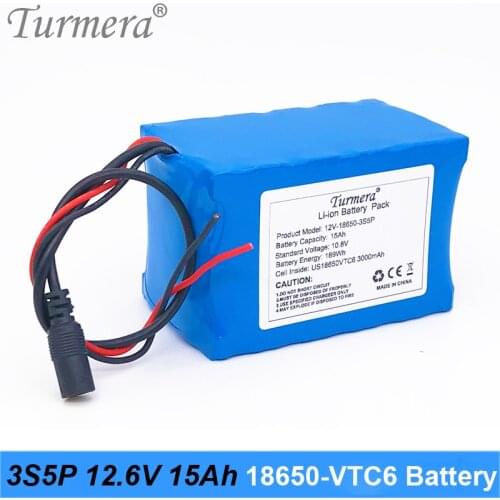 Turmera 12V 15Ah 3S5P VTC6 3000mAh battery with 40A BMS for uninterrupted power supply 12V Rechargeable Lithium Battery Pack Use