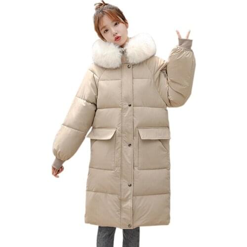 New Women Parkas 2021 Winter Hooded Faux Big Fur Collar Pocket Long Coats Thick Warm Puffer Jacket Cotton Padded Parka Outwear