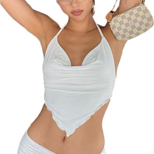 Y2K White Halter Top Women Cami Backless Lace Up Sexy Summer Crop Tops Sleeveless Camisole Female Fashion Party Club Streetwear