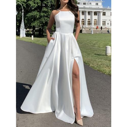 Women Summer Dress Sexy Backless Asymmetrical Maxi Beach Dresses Sleeveless Long White Summer Split Fork Beach Ball Gown Dress