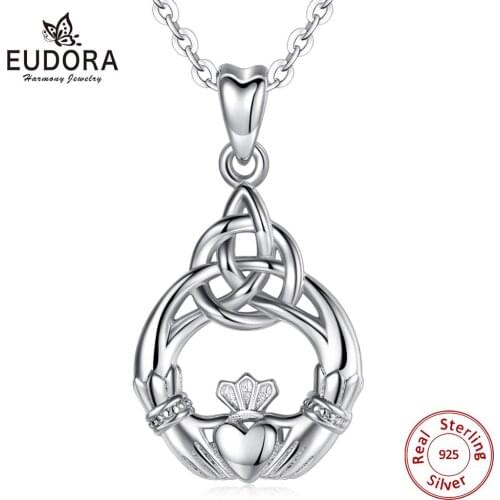 Eudora 100% 925 Sterling Silver Necklace Celtics Knot Claddagh Pendant Charm Necklaces Women Fashion Jewelry Surprise Gift D189