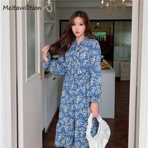 Women Spring Chiffon Dress Korean Vintage Floral Printed Party Dresses 2021 Elegant Bow Long Sleeve Midi Dress