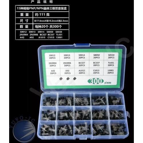 15 Assortment*20PCS transistor kit S9012 S9013 S9014 S8050 S8550 2N3904 2N3906 BC327 BC337 TL431A A42 A92 A1050 C1815 13001 box