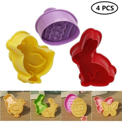 4pcs Cookie Stamp Biscuit Mold Snowman Cookie Plunger Cutter Easter Rabbit Egg Biscuit Mold Christmas Cookie Cutters Baking Mold