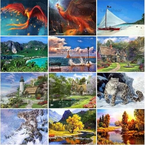 5D Diy Diamond Painting Red Phoenix Sea Beach Picture Sailing Boat Mountain Leopard Autumn Forest Landscape Embroidery Mosaic