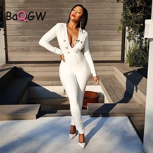 BaQGW Sexy Deep V Neck Skinny Rompers Zippers Long Sleeve Womens Rompers Jumpsuit Streetwear Plus Size Office Ladies Overalls