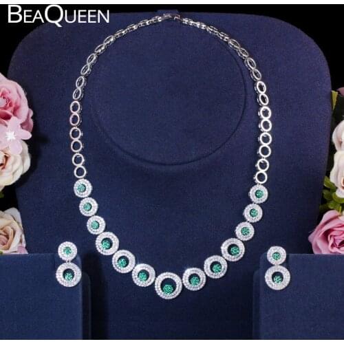 BeaQueen Stylish Zirconia CZ Crystal Green Flower Round Choker Necklace and Earrings Wedding Bridal Jewelry Sets for Women JS253