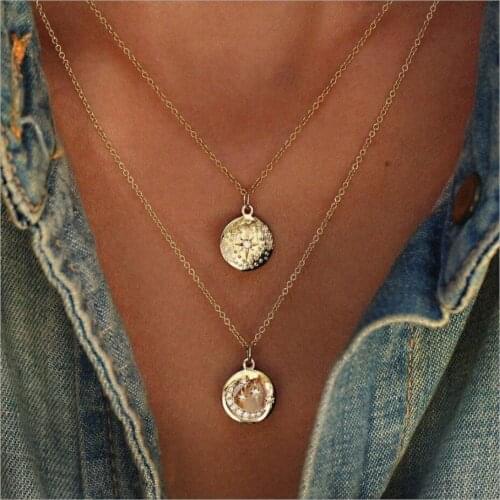 Two layers necklace sun star moon disc alloy pendant Gold color O metal plated chain