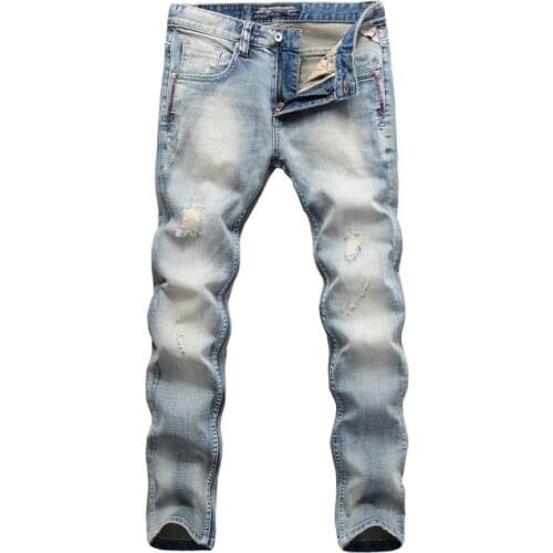 Streetwear Hip Hop Jeans Italian Style Fashion Men Jeans Slim Fit Light Blue Ripped Jeans Men Vintage Designer Denim Pants