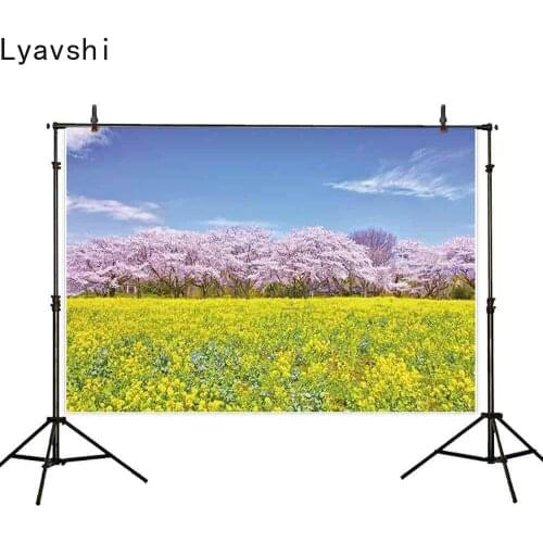 Lyavshi backgrounds for photography studio pink cherry blossoms full bloom yellow rape blossom backdrop spring nature