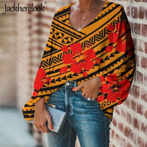 Jackherelook Vintage Polynesian Tribal Hibiscus Plus Size Womens Blouses Chiffon Lartern Sleeve V Neck Shirt Spring Ladies Tops
