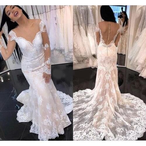 2020 Lace Mermaid Wedding Dresses Sheer Neck Long Sleeve Sweep Train Illusion Bodice Beach Country Bridal Gowns robes de mariée