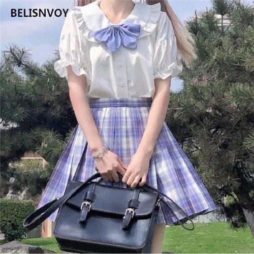 2021 New Japanese Girls Kawaii White Chiffon Blouses College Sweet Peter Pan Collar Shirts Flare Sleeve Tops Women Summer Blusas