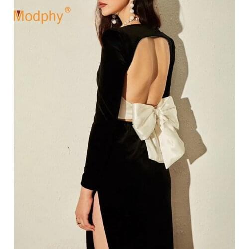 2020 Autumn New Black Patchwork Bodycon Dress Square Neck Long Sleeve Backless Bow Sexy Side Split Velvet Party Dress Vestidos