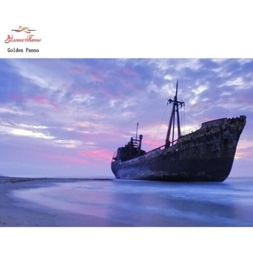 Full Square Diamond Painting sea boat 5D DIY Diamond Embroidery Purple sky Mosaic Picture Of Rhinestone Decor Home Gift