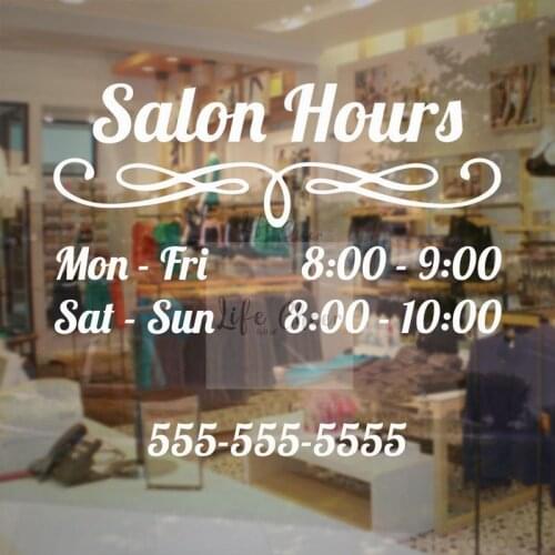 Custom Salon Work Hours Wall Sticker Hair Salon Window Decal Custom Working Timetable Vinyl Poster Murals Shop Decoration AC106