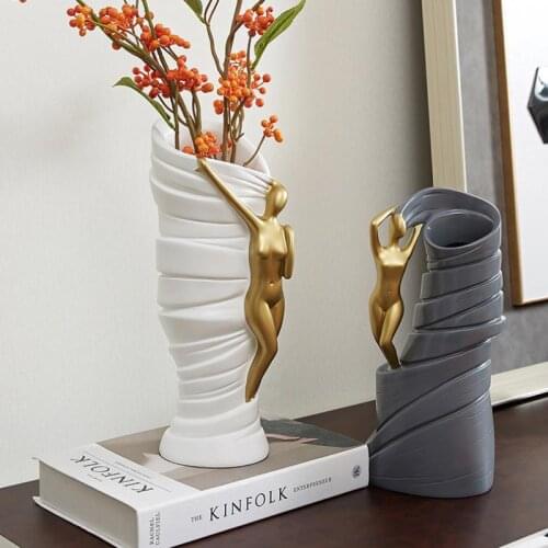 Luxury Resin Golden Figure Vase Ornaments Abstract Art White Gray Desktop Flower Arrangement Living Room Home Decoration Modern