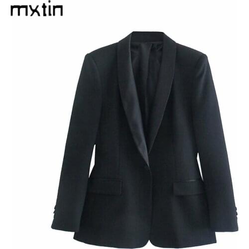 MXTIN 2021 Women Autumn Fashion Solid Single Button Blazers Vintage Slim Pockets Office Lady Suit Business Female Blazer Coat