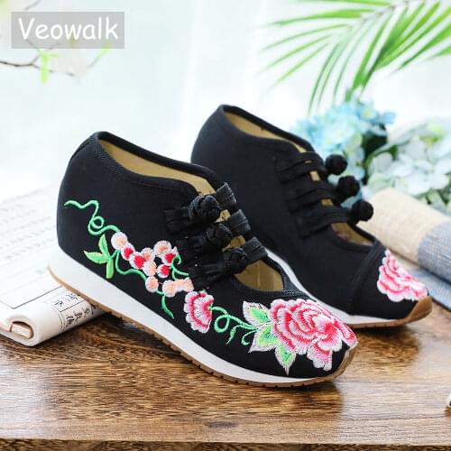 Veowalk Flower Embroidery Women Cotton Cloth Shoes Ladies Vintage Chinese Style Soft Canvas Walking Flats Platform Zapatos Mujer