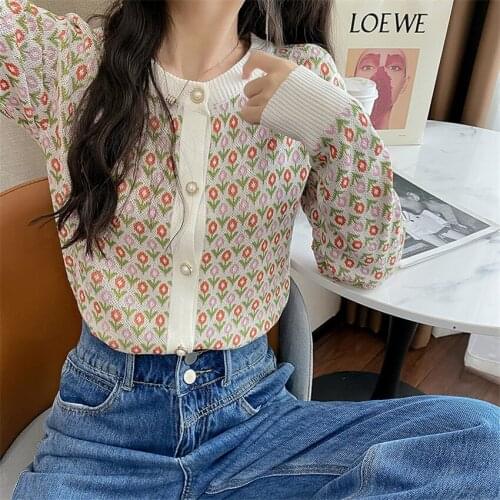 2021 Autumn Winter Cardigan Women Long Sleeve Floral Knitted Sweater Coat New Fashion Knitwear Jumper Pull Femme