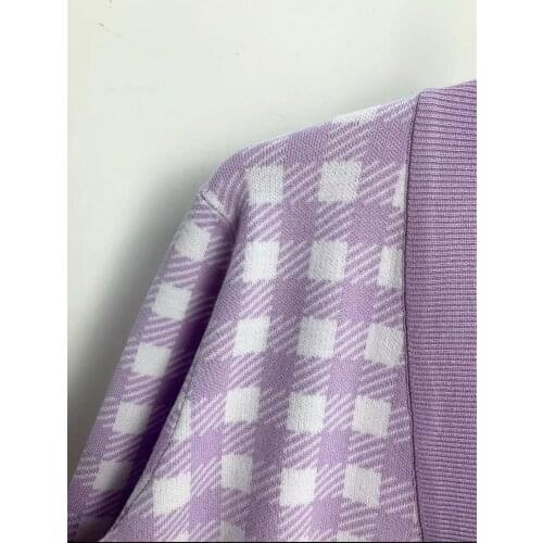 Autumn Vintage Purple Plaid Knit Sweater for Women V-Neck Cardigan Knitwear with Double Pockets 2021