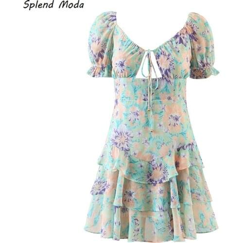 Splend Moda 2021 Summer Holiday Style Print Sexy Hollow Out Lace-Up Ruffle Women Dress Vintage Square Neck Puff Sleeve Vestido