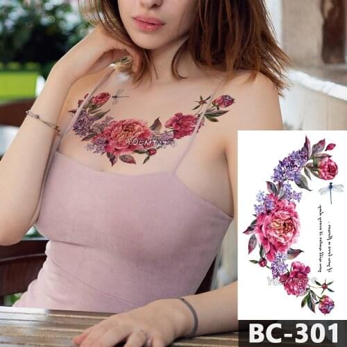 1 Sheet Chest Body Tattoo Temporary Waterproof Jewelry Pink purple flowers dragonfly Pattern Decal Waist Art Tattoo Sticker