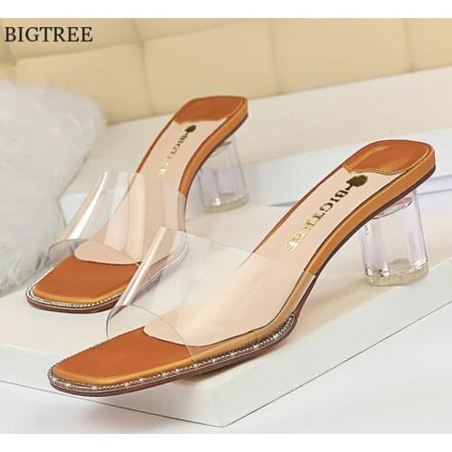 Women 5cm Clear Crystal Heel Slides Korean Square Toe Transparent One-word Woman Slippers High Heels Elegant Ladies Office Shoes