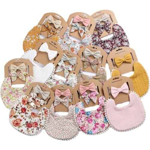 Baby children cute saliva towel headband set linen cotton solid color printed saliva towel flowers newborn double-sided bib