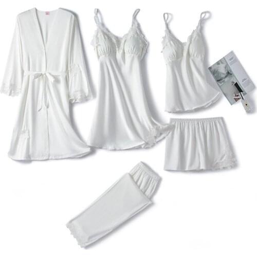 5PCS Women Satin Robe Sets Lace Floral Lingerie Home Wear Pajamas Suit Sexy V-Neck Nightgown Sleepshirt Dressing Gown Loose Bath