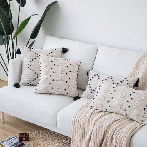 White Cushion Cover Moroccan Style Square Black Geometric Pillow Case Woven for Home Decoration Sofa Bed 30x50cm /45x45Cm