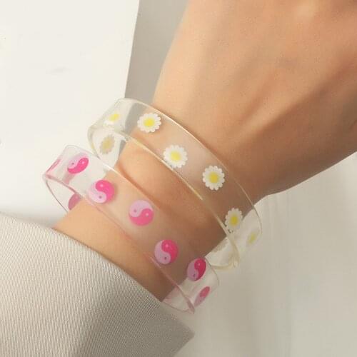 2pc Resin Jewelry Yin Yang Fruit Pattern Open Bracelets For Women C Shape Transparent White Color Girl Summer Accessories