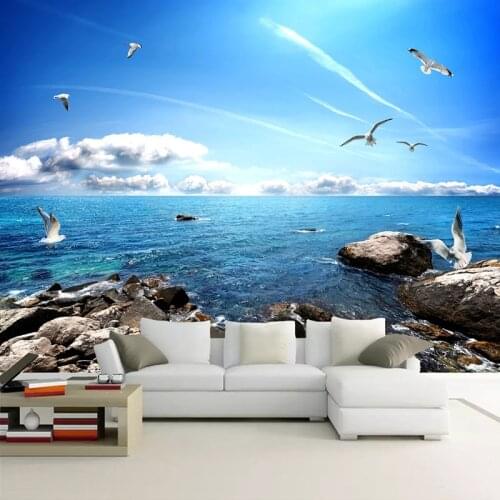 Custom Mural Wallpaper Blue Sky White Clouds Seagull Seascape TV Background Photo Wall Paper For Living Room Bedroom Home Decor