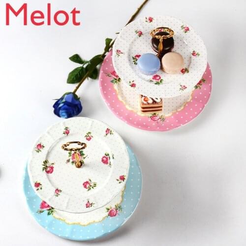Hot sale pink and blue color with white point beautiful ceramic fruit dish bone china 2 layer cake stand for restaurant and home