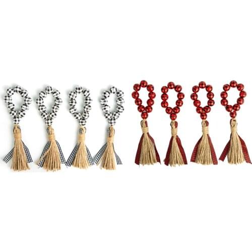 HOT Plaid Wood Bead Napkin Rings,Buffalo Checked Beads Napkin Holder With Tassels,Wooden Napkin Buckle For Christmas Decor